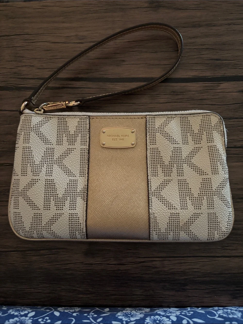 Michael Kors Jet Set Beige and Gold MK Logo Wristlet